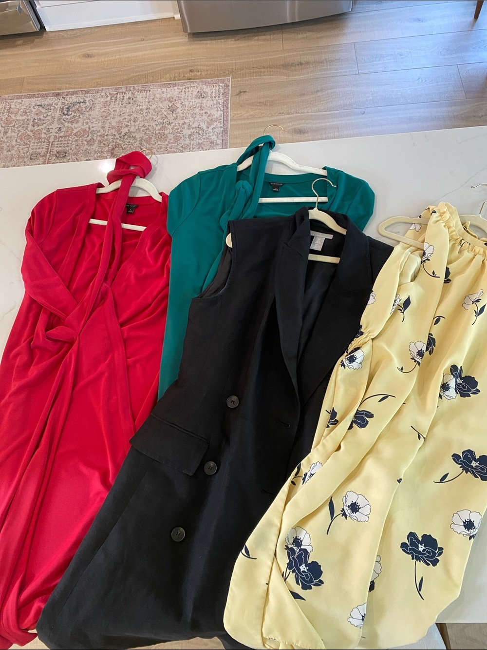 Ann Taylor Red, Teal, Black and Yellow Floral Dresses & Vest Lot
